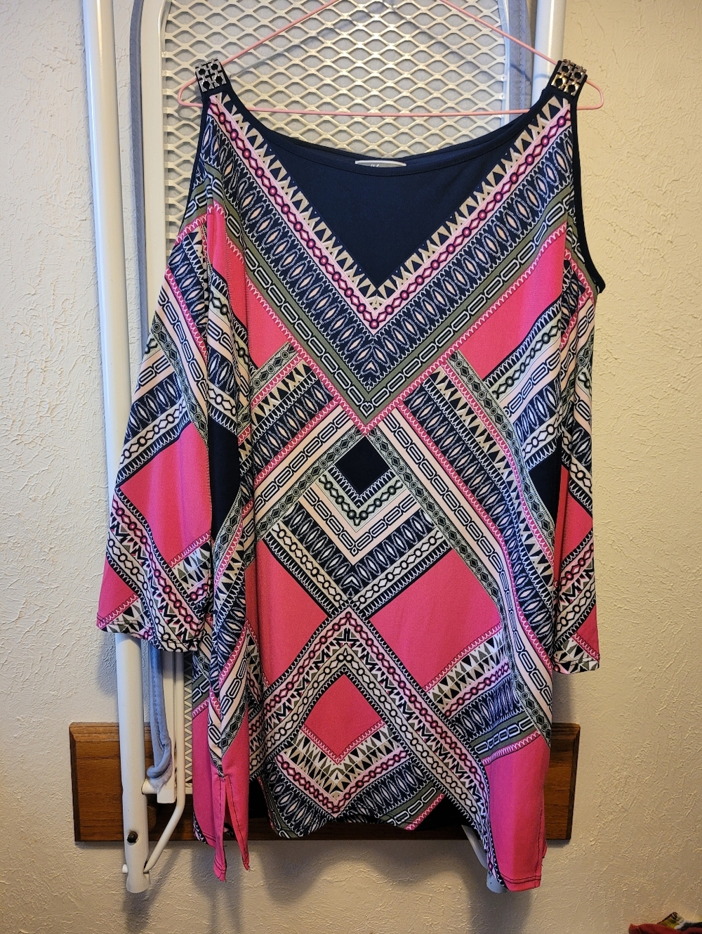 JM Collection Pink and Navy Cold-Shoulder Tunic with Geometric Print